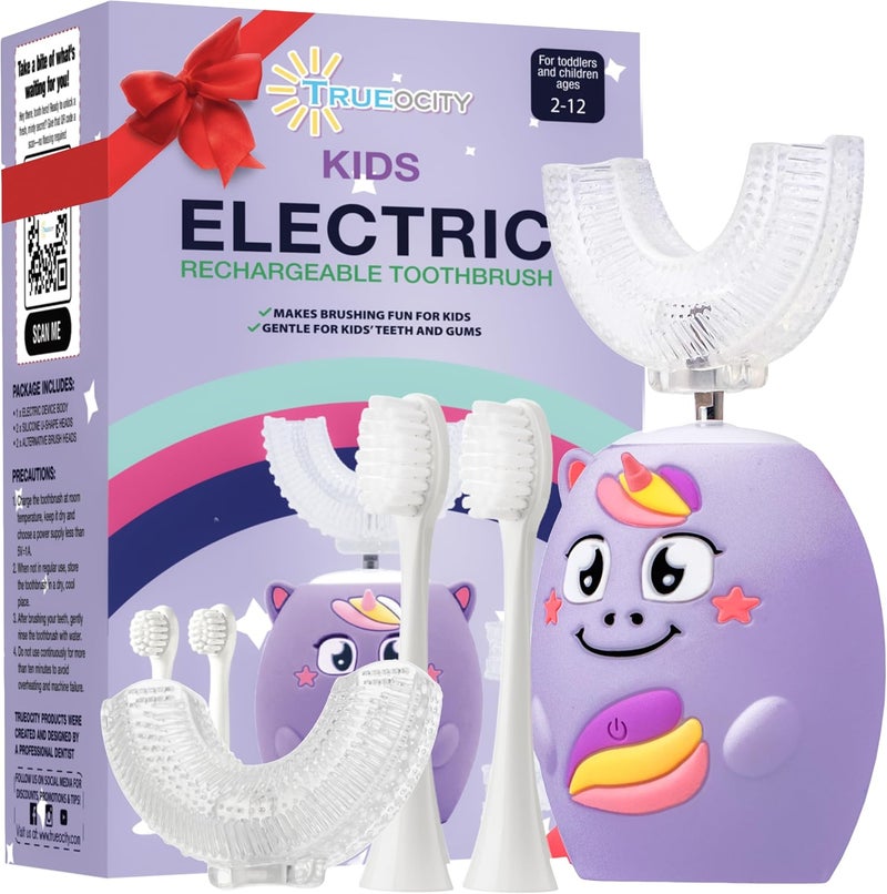 Trueocity Kids U Shape Toothbrush Auto Electric Toddler Rechargeable Kids Automatic Toothbrush | 360° U-Shaped Silicone Brush Head | Gentle Cleaning for Ages 2–7 | Unicorn Design (Purple) - Image 1